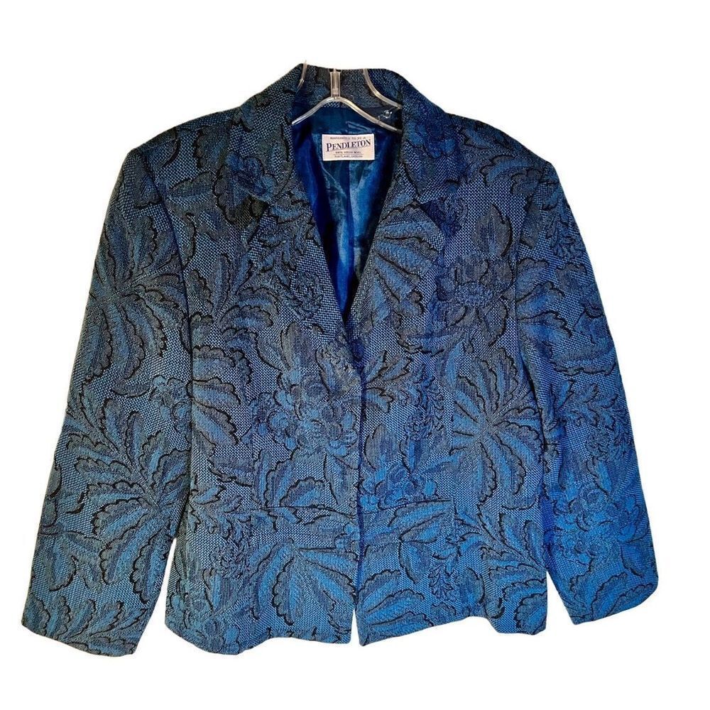 VTG Pendleton Blue Black Floral Snap Button Long Sleeve Women’s Blazer Sz M/L